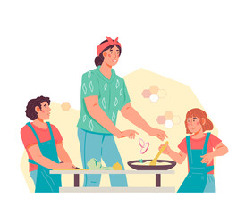 Happy mother and child cooking together. Family day and bonding activity concept, flat vector illustration isolated on white background.