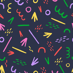 Colorful abstract seamless pattern. Repeat pattern of bright colors and geometric figures.