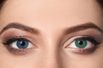 Obraz premium Woman with different colors of eyes, closeup. Heterochromia iridis