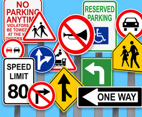 Collection of different traffic signs on turquoise background
