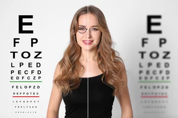 Fotobehang Collage with photos of woman with and without glasses and eye charts on white background. Visual acuity testing © New Africa