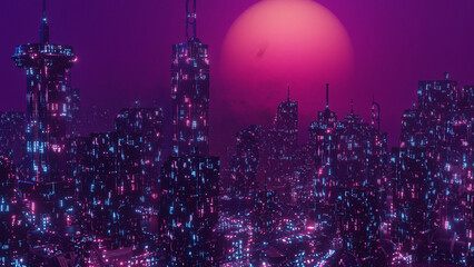 SciFi CityScape Night Scene Neon Skyscraper Cyber Punk City Wallpaper Background 3d Render