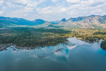Aerial view of Chao Ram Reservoir in Sukhothai, Thailand