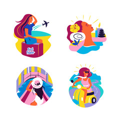 The set of Traveling girls illustrations, the summer holidays in spa, moto, Venice and sea vacation