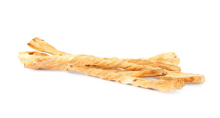 Delicious grissini isolated on white. Crusty breadsticks