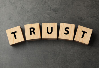 Word TRUST made with wooden cubes on grey table, flat lay