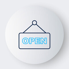 Line Hanging sign with text Open door icon isolated on white background. Colorful outline concept. Vector