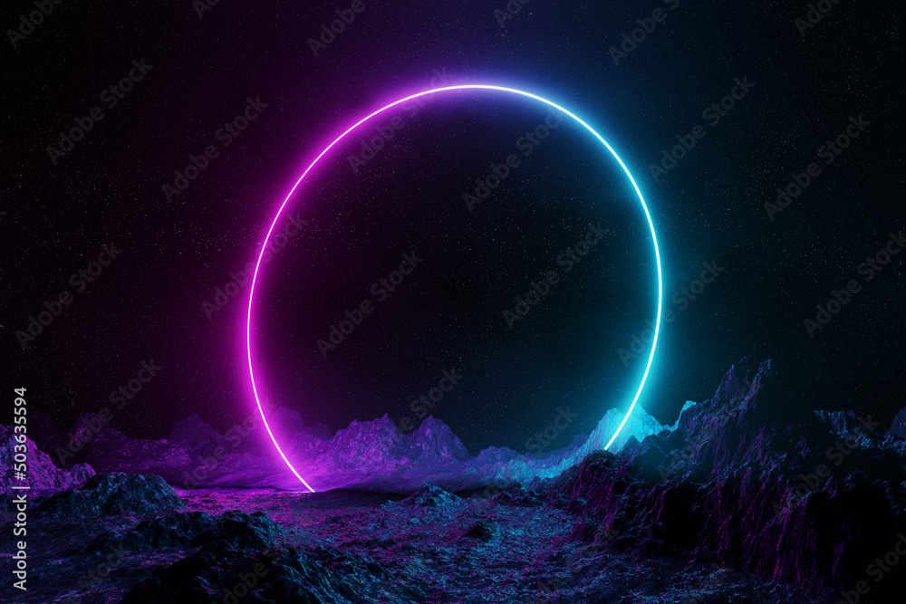 Poster abstract background with blue and pink neon light circle reflecting on asteroid ground 3d rendering