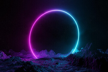 Abstract background with blue and pink neon light circle reflecting on asteroid ground 3D rendering