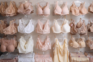 Many different beautiful women's underwear in lingerie store - obrazy, fototapety, plakaty