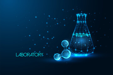 Futuristic scientific research concept with glowing abstract molecule and laboratory beaker 