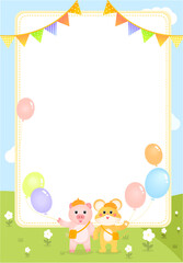 A memo pad with a cute mouse and pig picture. illustration set. Balloon icon, Garland icon, kid, paper, note. Happy Birthday. Vector drawing. Hand drawn style.