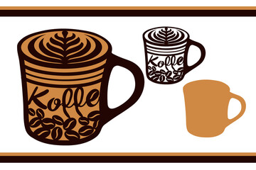 Coffee mug with a pattern of coffee beans, the inscription Coffee and a flower. Stencil for cutting and creativity