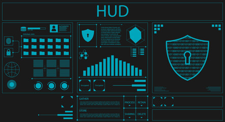 HUD Data Protection futuristic blue element. Set of interface Abstract Digital Technology UI Futuristic. Design element. Black background. Flat design.