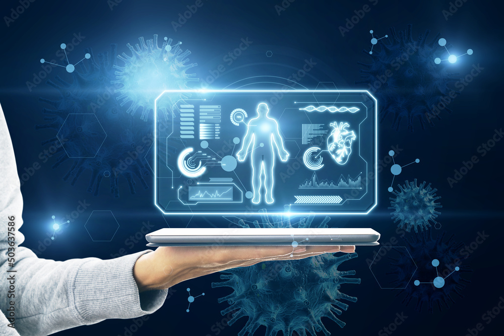 Aufkleber hand holding tablet with abstract glowing medical cardiology interface on blurry background with vir