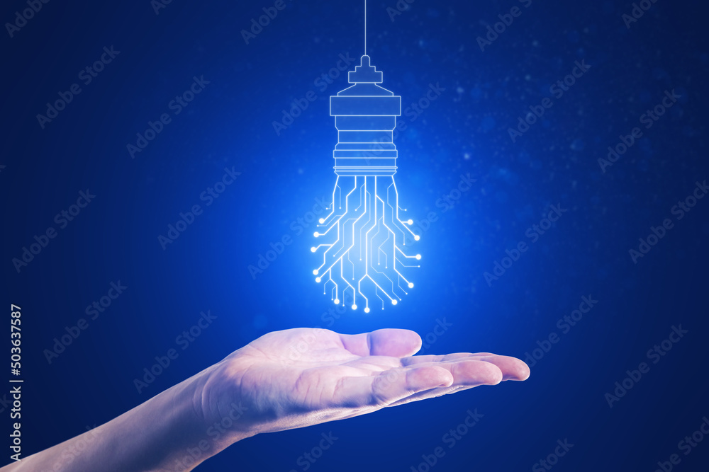 Poster close up of hand holding abstract glowing circuit light bulb on blue backdrop. future, innovation an