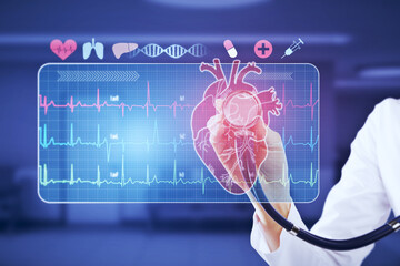 hand with stethoscope examining abstract glowing medical cardiology interface on blurry hospital...