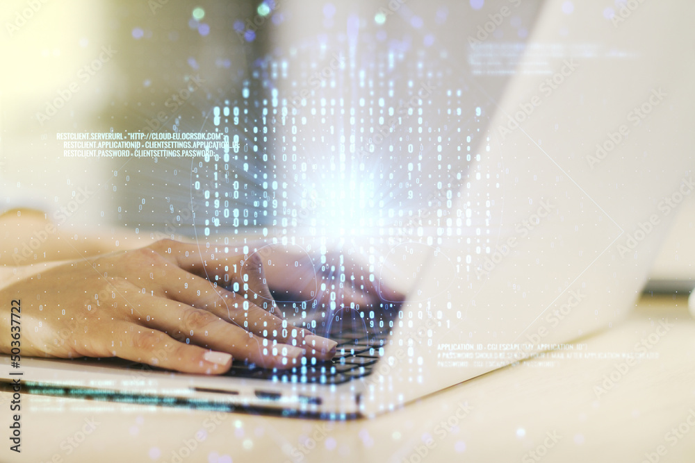 Poster creative code skull hologram and hands typing on computer keyboard on background, cybercrime and hac