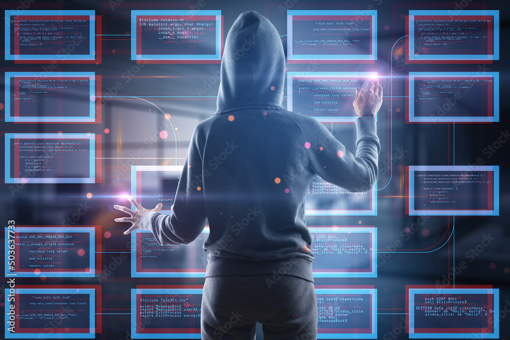 Poster Hacker hand pointing at abstract creative coding programming hologram on blurry interior backdrop. Science, technology and software concept. Double exposure.