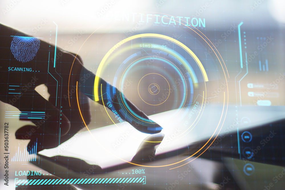 Poster Close up of female hand using tablet or smartphone with abstract round identification interface on blurry background. Forensic hud and scanner concept. Double exposure.
