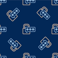 Line Cyber security icon isolated seamless pattern on blue background. Closed padlock on digital circuit board. Safety concept. Digital data protection. Vector