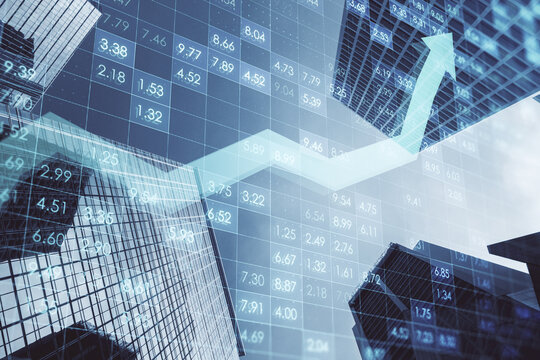 Creative digital financial numbers or index data on blurry city backdrop with growing arrow. Stock market and growth concept. Double exposure.