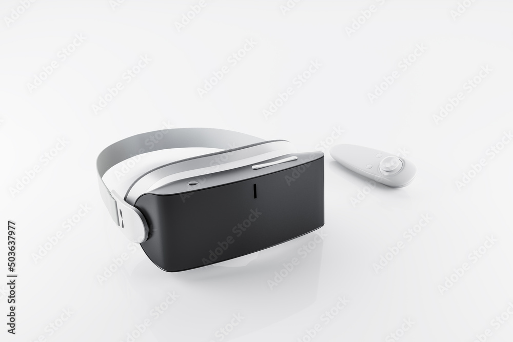 Poster Virtual reality and metaverse concept with modern VR helmet and joystick on glossy table. 3D rendering