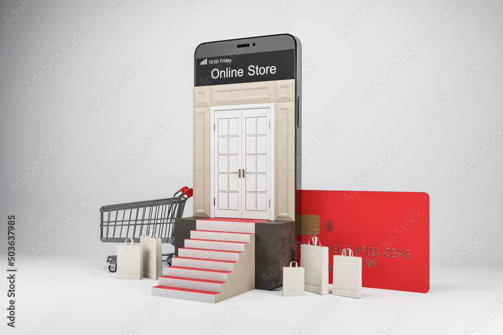 Poster creative smartphone store on white backdrop. online shopping and purchase concept. 3d rendering.