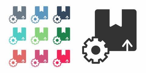 Black Gear wheel with package box icon isolated on white background. Box, package, parcel sign. Delivery and packaging. Set icons colorful. Vector