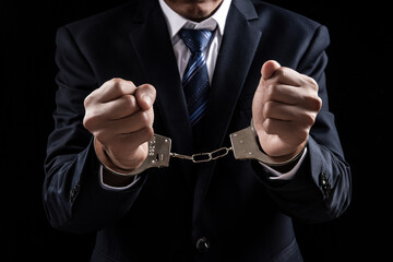 A man in a blue business suit holding hands in handcuffs