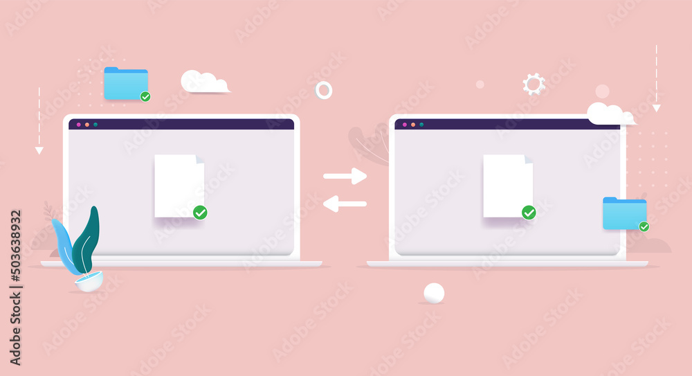 Aufkleber File sharing documents - Two laptop computers syncing files and folders. Flat design vector illustration