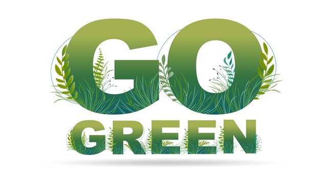 GO GREEN logo with leaves, twigs, grass. Vector.