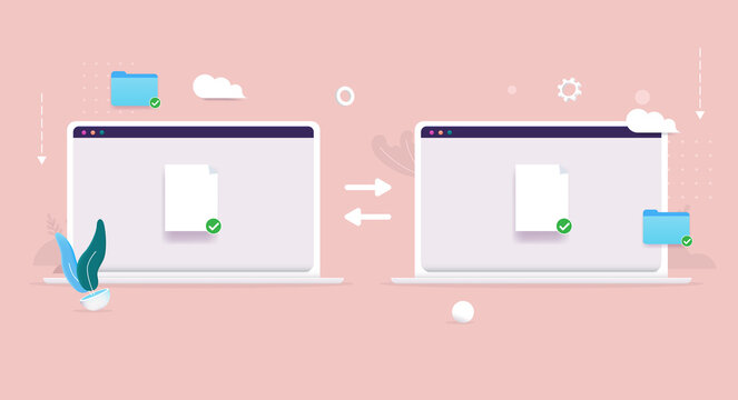 File sharing documents - Two laptop computers syncing files and folders. Flat design vector illustration