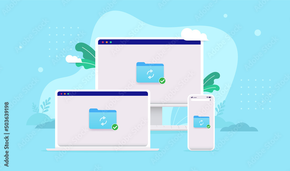 Aufkleber File sharing between devices - Vector illustration of computers and phone syncing folder and files