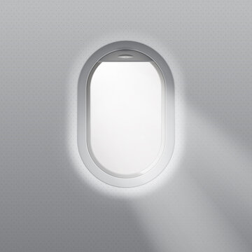 Realistic vector illustration of an airplane porthole with rays of light.