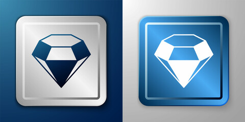 White Diamond icon isolated on blue and grey background. Jewelry symbol. Gem stone. Silver and blue square button. Vector