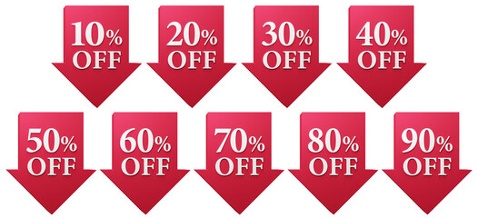 10%OFF〜90%OFFまで書かれた赤い下矢印の図形。値下げの素材セット。