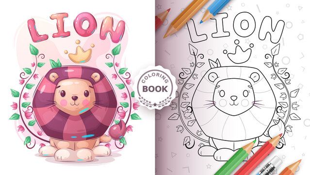 Cartoon character childish animal lion - coloring book