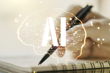 Double exposure of creative human brain microcircuit with woman hand writing in notepad on background. Future technology and AI concept