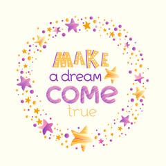 Lovely circle frame with golden and violet stars, dots, sparcles. Positive quote  