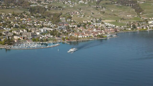 Departing Belle Epoque Steamboat In Front Of Lutry Harbor, Vaud, Switzerland. Aerial