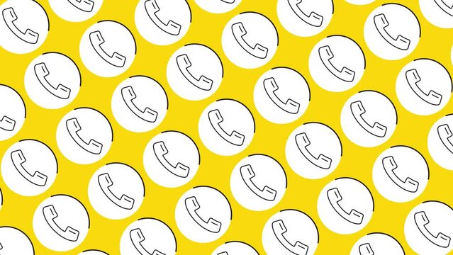 Handset icon in white circle with black dynamic line pattern on a yellow background. Seamless loop dynamic pattern with regular symbols rotating around