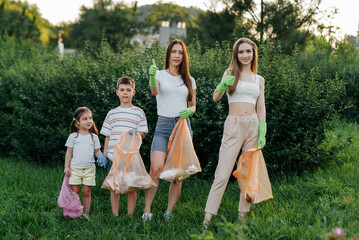 Fototapeta premium A group of adults and children together at sunset is engaged in garbage collection in the park. Environmental care, waste recycling. Sorting garbage.