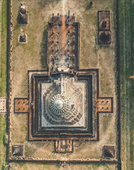 Aerial view of Wat Phra Sri Rattana Mahathat Rajaworaviharn temple and buddha in Si Satchanalai historical park, Thailand