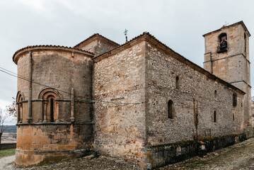 Bell tower of a medieval stone church in the historic town of Atienza