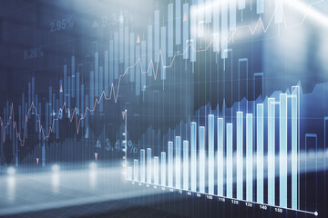 Double exposure of virtual creative financial diagram on contemporary business center exterior background, banking and accounting concept