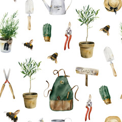 Watercolor gardening seamless pattern: garden tools, gloves, bees, plant pots, watering can on white background. Hand-drawn summer, autumn backdrop for fabric, clothing, wrapping paper