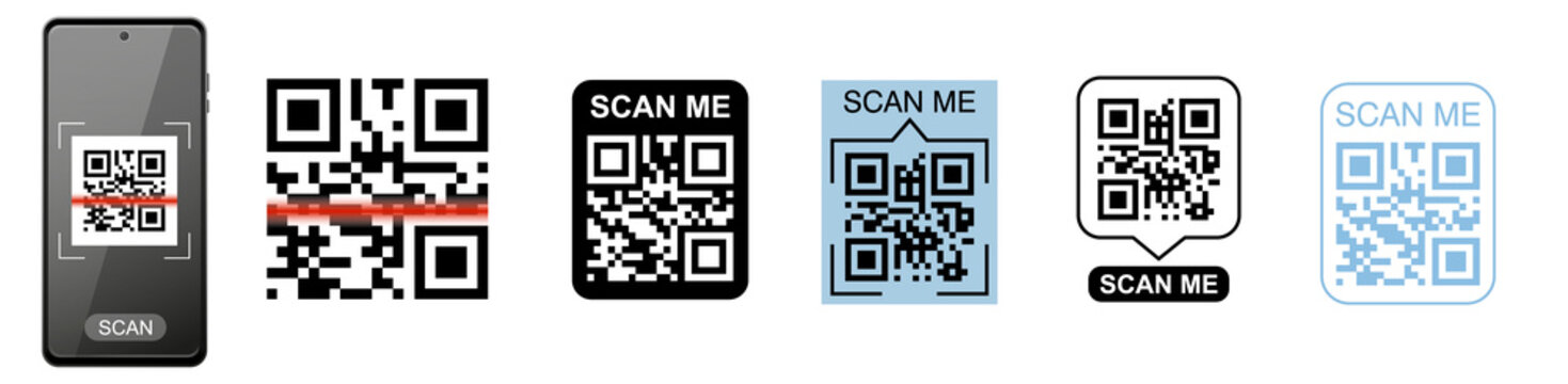 QR code frame vector set and scanning phone. Scan me phone tag. Template of QR code for mobile app, payment, smartphone, pda, mobile phone. Vector illustration. Electronic, barcode, digital technology