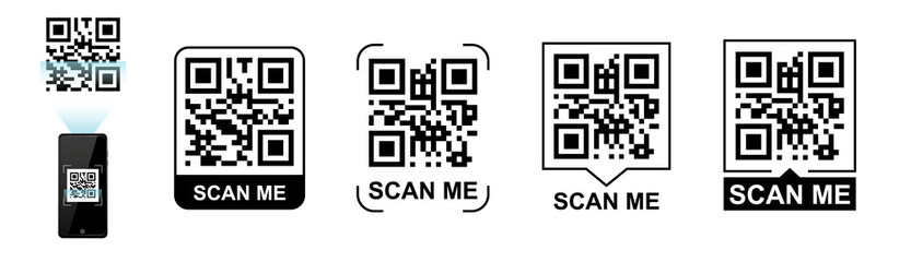 Fototapeta premium QR code frame vector set and scanning phone. Scan me phone tag. Template of QR code for mobile app, payment, smartphone, pda, mobile phone. Vector illustration. Electronic, barcode, digital technology