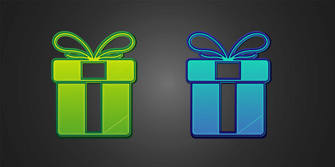 Green and blue Gift box icon isolated on black background. Merry Christmas and Happy New Year. Vector